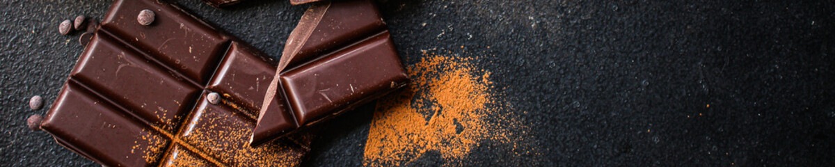 chocolate delicious cocoa dessert, pieces of sweets, menu concept. food background top view. copy space