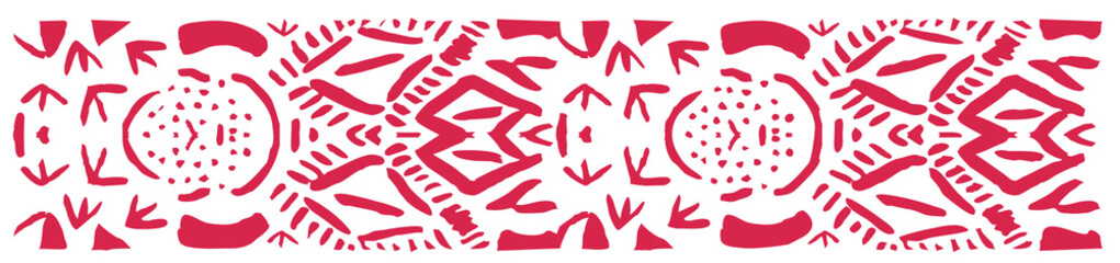 Ethnic ornament, tribal folk woodcut lino cut pattern. Monochrome red hand drawn decorative stripe. Low-fi grungy illustration. Ornate indigenous style. Naive retro vintage pattern tattoo decor border