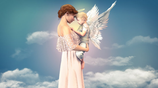 Friendship. Woman with a cute child angel