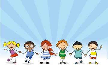 happy children holding hands, kids illustration of boys and girls  playing
