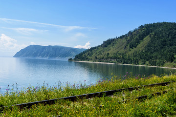 Circum-Baikal railroad on the coast of Lake Baikal.