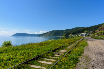 Fototapeta na wymiar Circum-Baikal railroad on the coast of Lake Baikal.