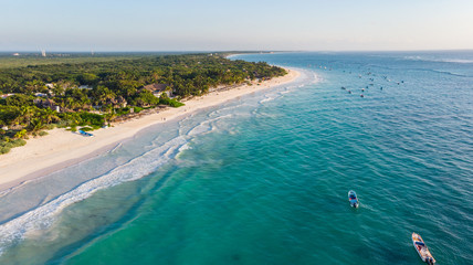 Aerial view of turquoise water Tulum beach Mexico North America