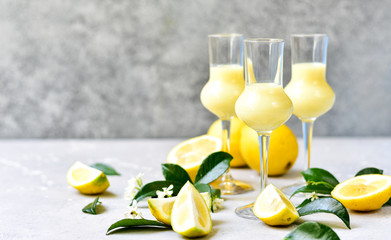 traditional Italian digestif liqueur Limoncello with lemons and cream, Italian food , Italy