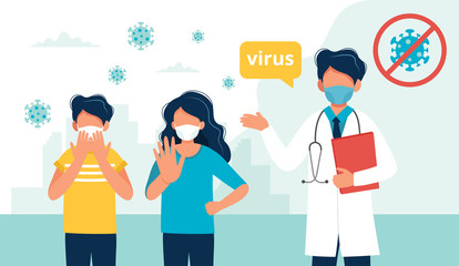 Doctor and people wearing a medical mask. Coronavirus quarantine. Respiratory virus concept. Vector illustration in flat style