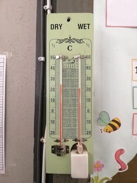 dry and wet bulb hygrometer is hung on the wall of the classroom. Psychrometer.