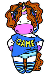 Vector illustration Hand drawing. Cartoon gamer unicorn with headphones on his head. Blue t-shirt with the words 