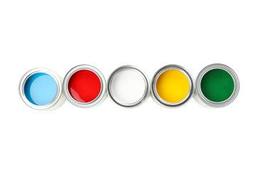 Cans of different paints isolated on white background