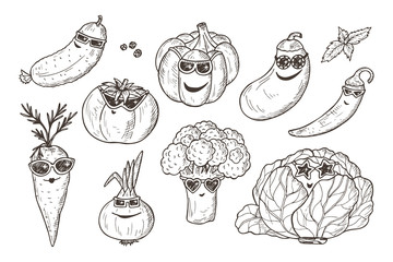 Vegetable icons set. Funny Stylish Fashion Vegetables with sunglasses. Hand drawn doodle cucumber, tomato, pumpkin, eggplant, chili pepper, carrot, onion, broccoli, cabbage