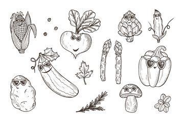 Vegetable icons set. Funny Stylish Fashion Vegetables with sunglasses. Hand drawn doodle corn, beet, turnip, zucchini, potato, artichoke, asparagus, pod green pea, bell pepper, champignon mushroom