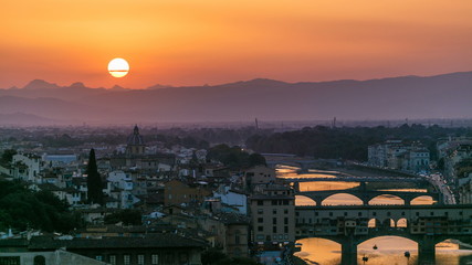 Scenic Skyline View of Arno River timelapse, Ponte Vecchio from Piazzale Michelangelo at Sunset,...