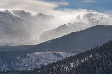 Winter landscape of peaks in the Front Range, Rocky Mountain National Park, Colorado, USA