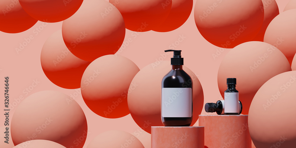 Poster abstract background for branding and minimal presentation.cosmetic bottle on coral podium on coral s