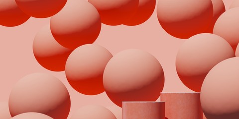 Abstract background for branding and minimal presentation.Coral podium on coral spheres background. 3d rendering illustration.