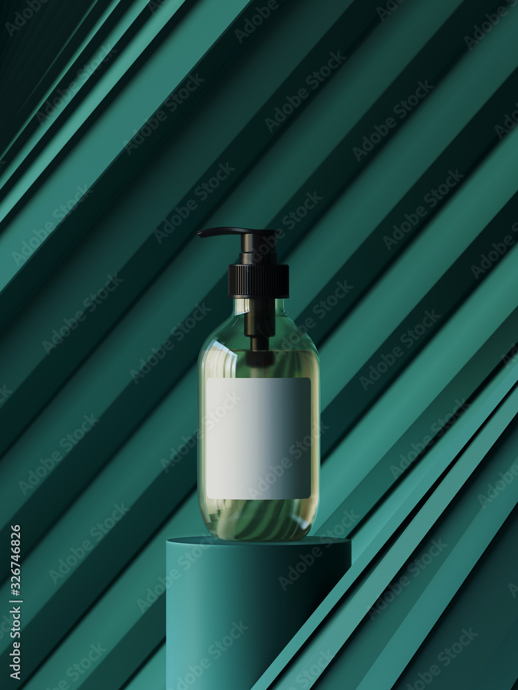 Poster abstract background for branding and minimal presentation.cosmetic bottle on green podium, on foldin