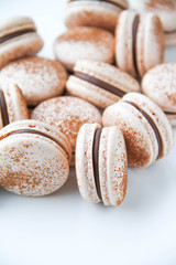 French dessert macaron powered with cocoa powder and filled with dark chocolate ganache. On a white background. Back view.