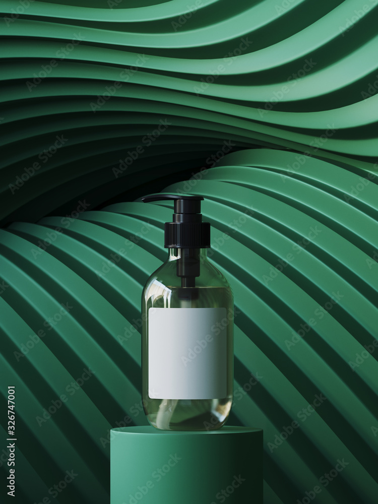 Poster abstract background for branding and minimal presentation.cosmetic bottle on green podium, on foldin