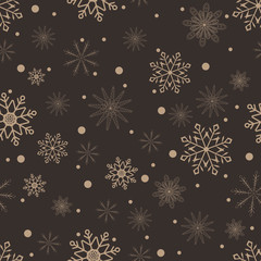 Seamless background of snowflakes on a brown background. Golden snowflakes. Vector illustration. Stock vector.