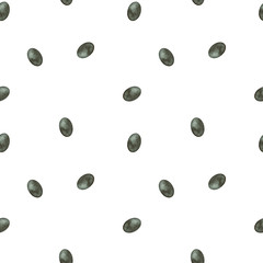Watercolor hand drawn seamless pattern with olive tree green fruit on trendy monochrome earthy hue isolated on white background. Good for textile, wrapping paper, background, design etc.