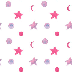 Watercolor hand drawn seamless pattern with abstract pink stars and moon isolated on white background. Outer space print for  textile, wallpaper, wrapping paper, background, design etc.