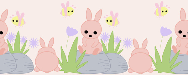 horizontal border with pink bunny on a rock