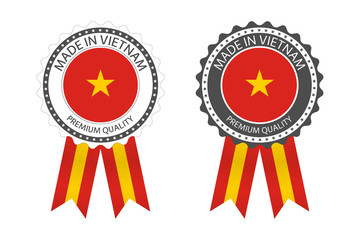 Two modern vector Made in Vietnam labels isolated on white background, simple stickers in Vietnamese colors, premium quality stamp design, flag of Vietnam