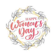 8 march. Happy Woman's Day Vector congratulation card with linear floral wreath