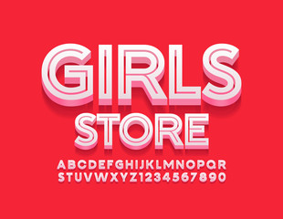 Vector creative sign Girls Store with trendy White Font. 3D modern Alphabet Letters and Numbers
