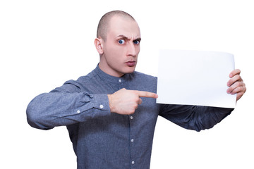 Man shows white blank - expression advertising portrait