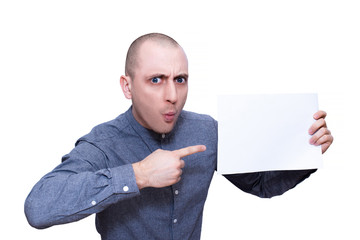 portrait of young man holding blank card