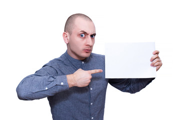 man holding a blank card