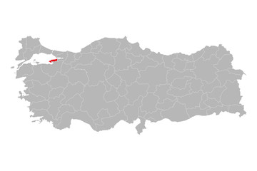 Yalova province marked red color on turkey map vector. Gray background.