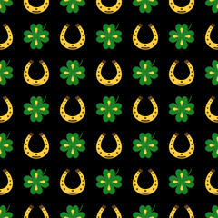 Seamless vector pattern with clover leaves, shamrock and Horseshoe.Seamless backdrop for St. Patrick's Day. Spring background for greetings card, decor, packaging design and more.