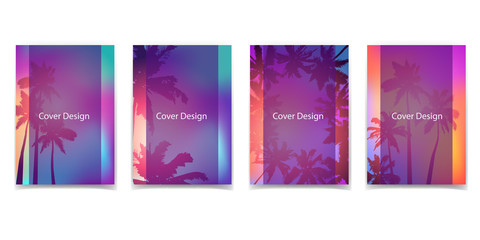 Brochure design templates collection with silhouette of palm trees and tropical sunrise. Book design, blank, print design, journal. Layout vector template in A5 size