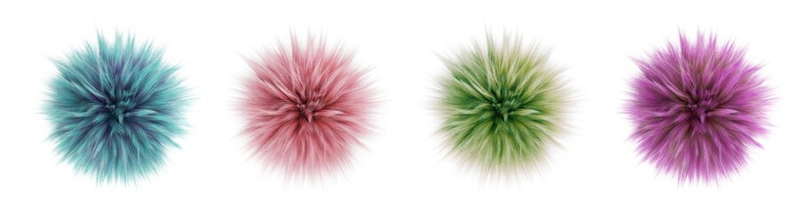 3D set of fur balls isolated on white background, round pompon fluff soft ball blue, pink, green and violet. Hairy, Colorful 3D render illustration, clip art. - obrazy, fototapety, plakaty