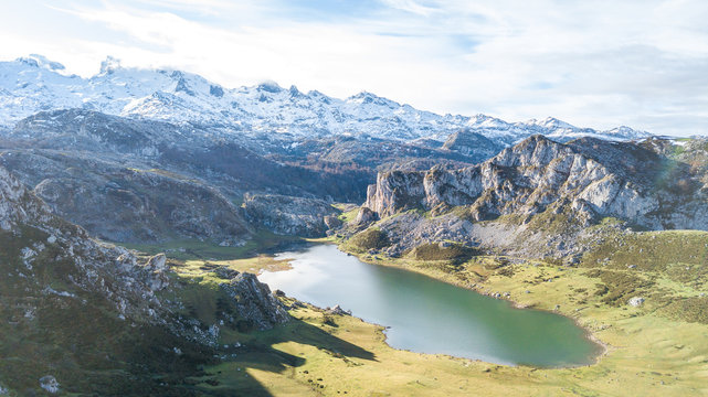 aerial view of enol lake in asturias, Spain