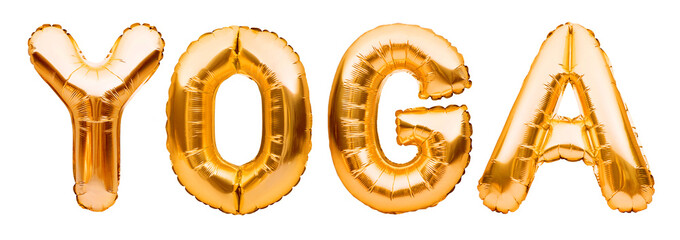 Word YOGA made of golden inflatable balloons isolated on white background. Helium balloons gold...