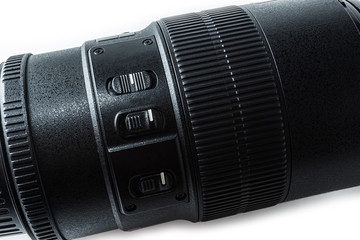 Lens for the camera on a white background. Close-up.