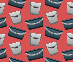 Cartoon style metal and wide plastic buckets for cleaning seamless pattern on red background