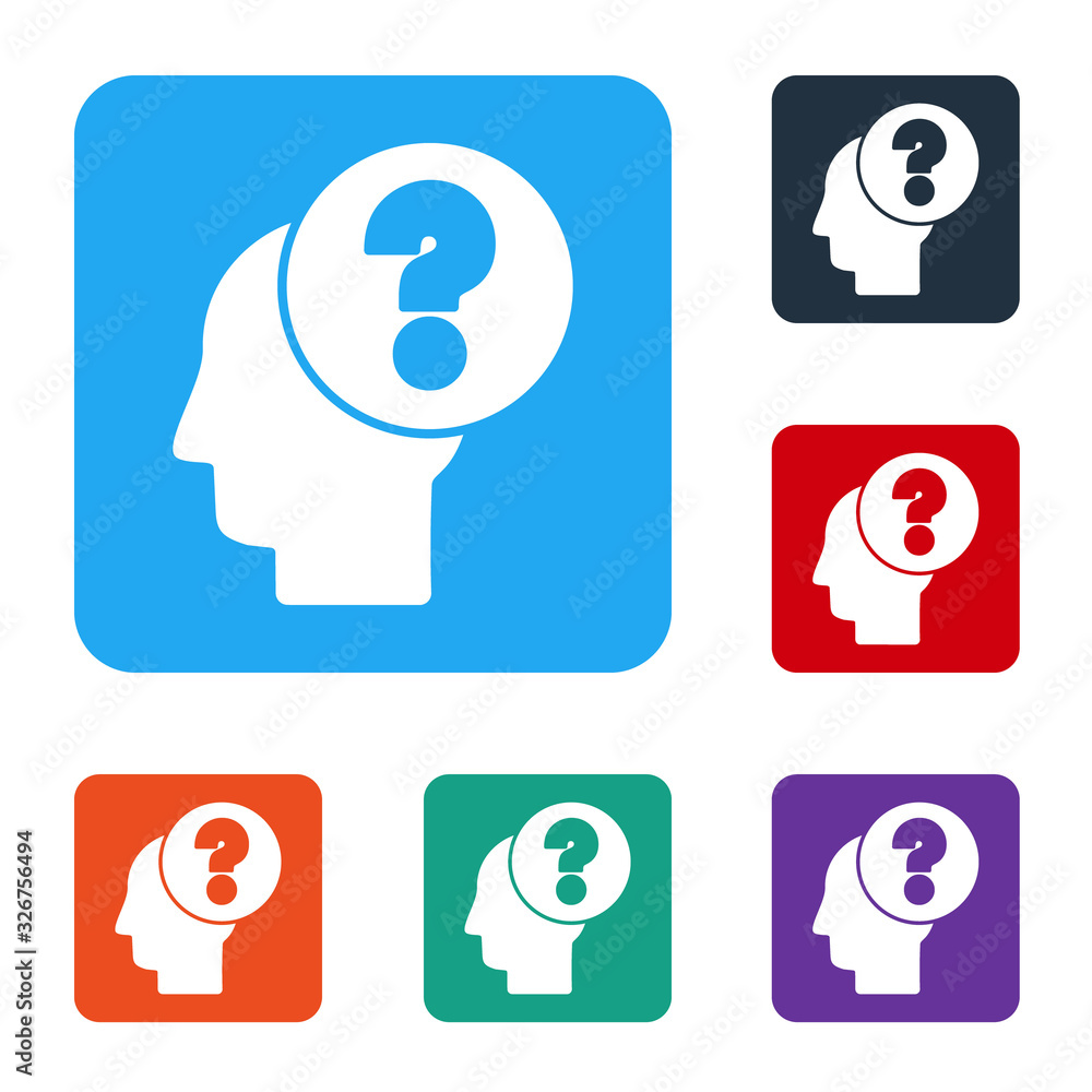 Poster white human head with question mark icon isolated on white background. set icons in color square but