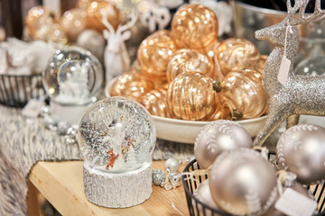 Market of decor . Lots of christmas decoration in store. Christmas shopping for new year tree.