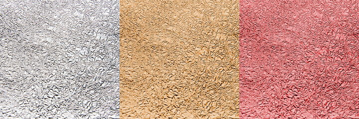 Silver, gold and bronze foil texture collage. Set of backgrounds for text or design