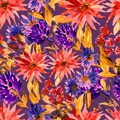 Fototapeta na wymiar Watercolor seamless pattern with hand drawn abstract flowers. Bright print with spring bouquet. Aquarelle floral pattern in abstract style. Fashion floral texture for any design purposes.