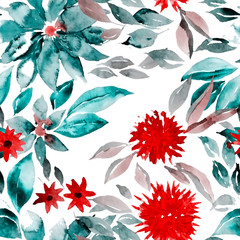 Watercolor seamless pattern with hand drawn abstract flowers. Bright print with spring bouquet. Aquarelle floral pattern in abstract style. Fashion floral texture for any design purposes.