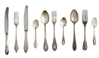 Beautiful old vintage forks. spoons and knife isolated on white background. Top view. Retro silverware - Powered by Adobe