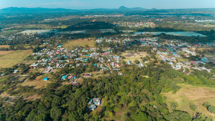 Fototapeta na wymiar aerial view of the rural area away from Arusha, Farming and people settlement.