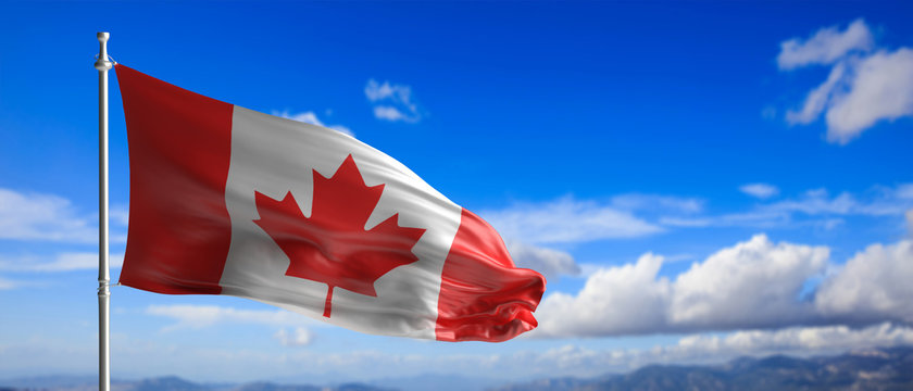 Canada national flag waving on blue sky background. 3d illustration