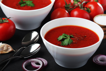 Two plates with gazpacho - traditional Spanish tomato soup	