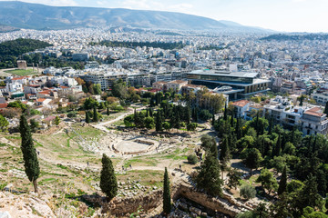 View over the ruined Theatre of Dionysos in the Acropolis of Athens, Greece