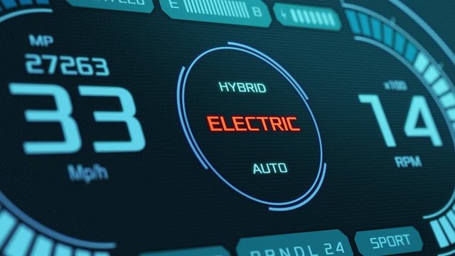 close-up of a futuristic dashboard of a hybrid car, changing drive mode (3d render)